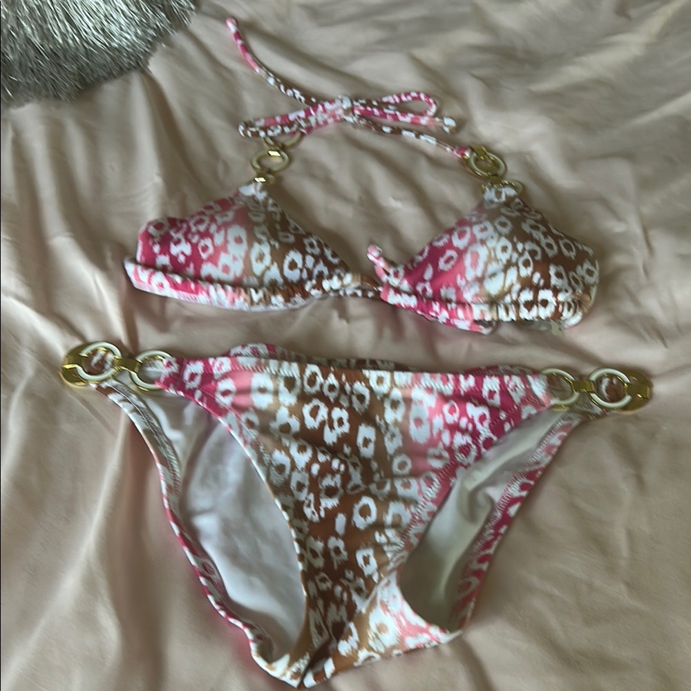Pink and Brown Animal Print Bikini with Gold Accents